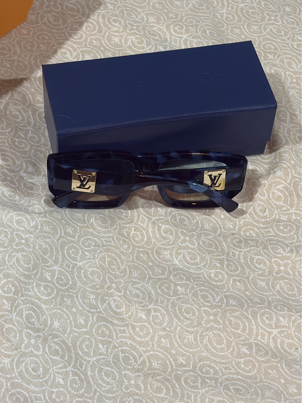 Louis Vuitton Dark Tortoiseshell Rectangular Sunglasses with Gold LV Plaques